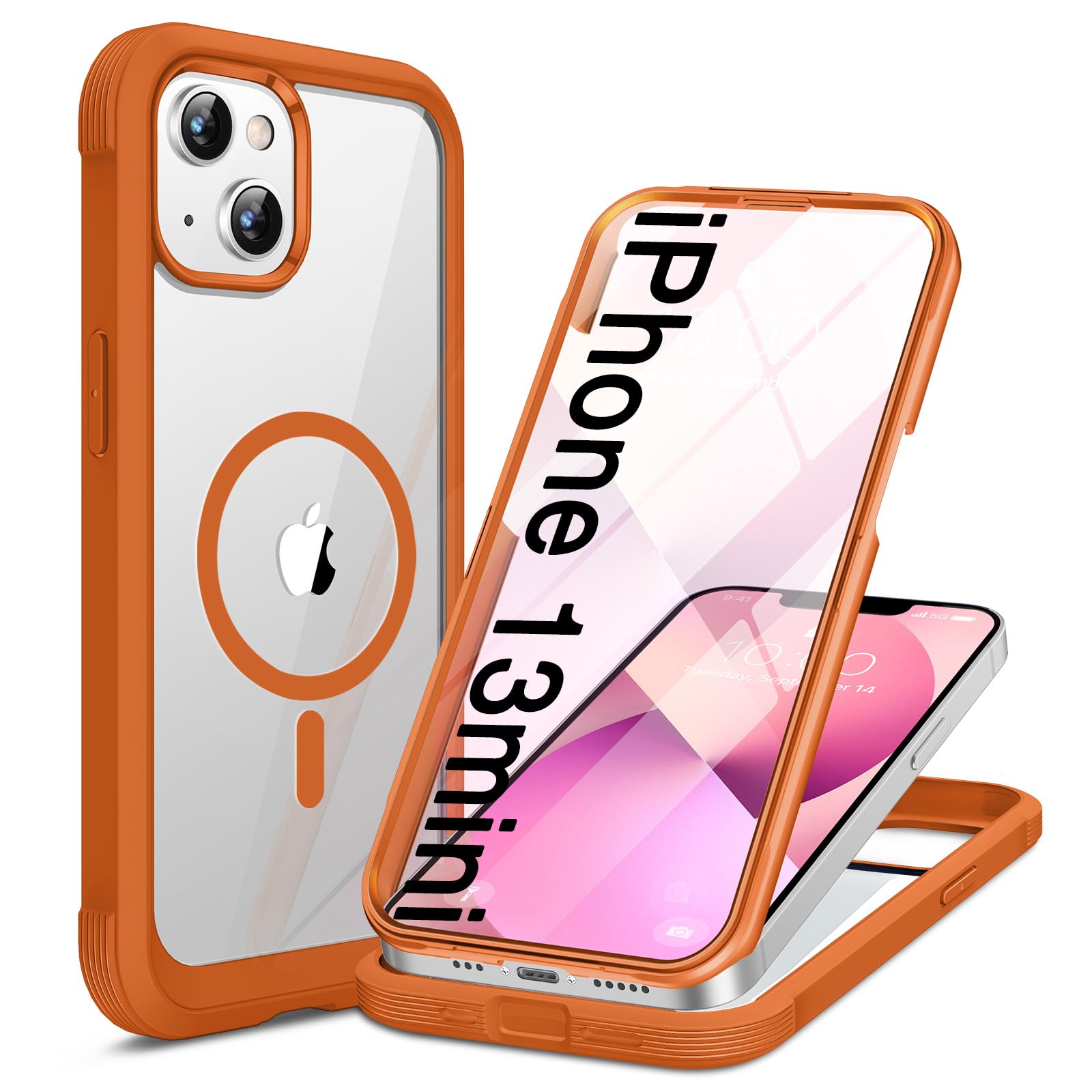 Miracase for iPhone 13 mini Case 5.4",Built-in Screen Protector,Orange