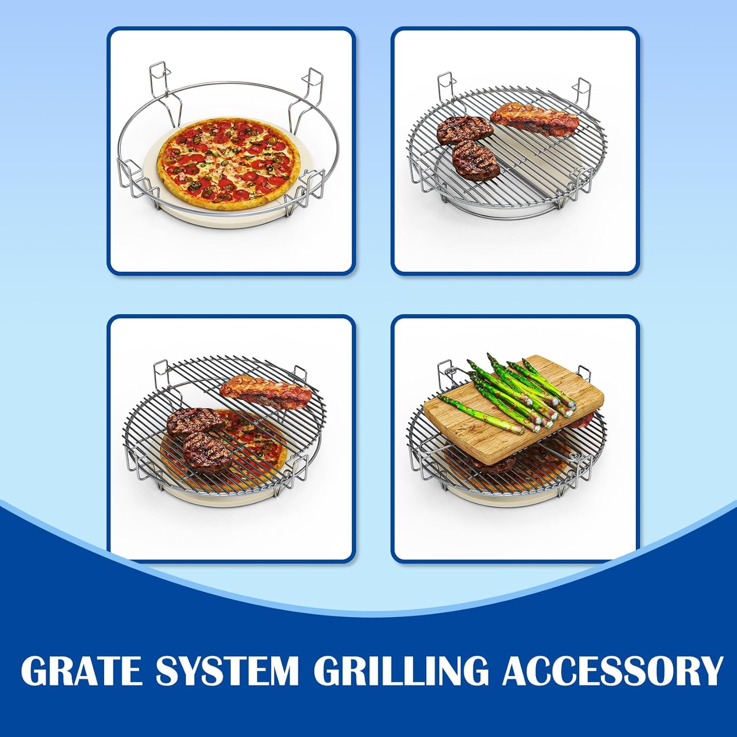 SafBbcue Upgraded Grill Grate for Kamado Joe Classic & Other Kamado Grill, 18 Inch Cooking System Kit for Large Big Green Egg BGE Charcoal Grill, Flexible Grill Grate Base Set with Heat Deflector