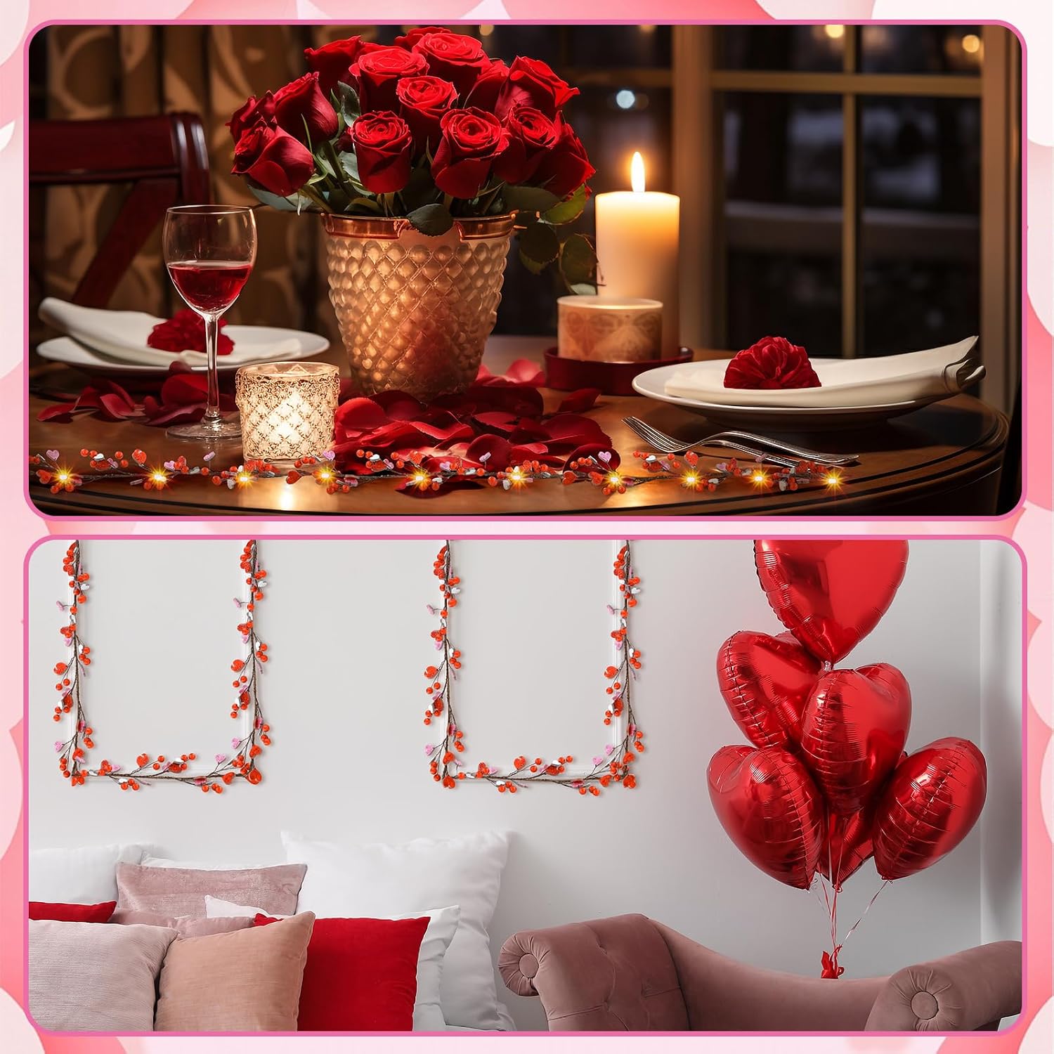 Jutom 6 ft Valentine's Day Garland for Mantel with String Lights Red Pink Berry Glitter Heart Garland Battery Operated Centerpiece Decorations for Valentine's Day Wedding Fireplace Stairs Table Decor