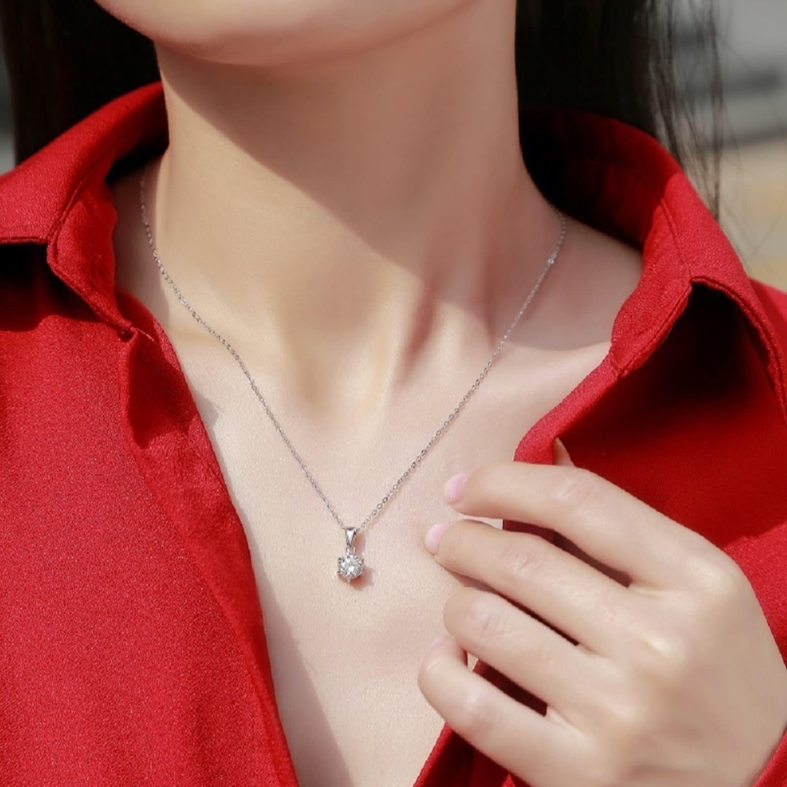 Echt Schmuck Halskette Weißgold Au750 18K mit Moissanit, Solitär Anhänger 45cm