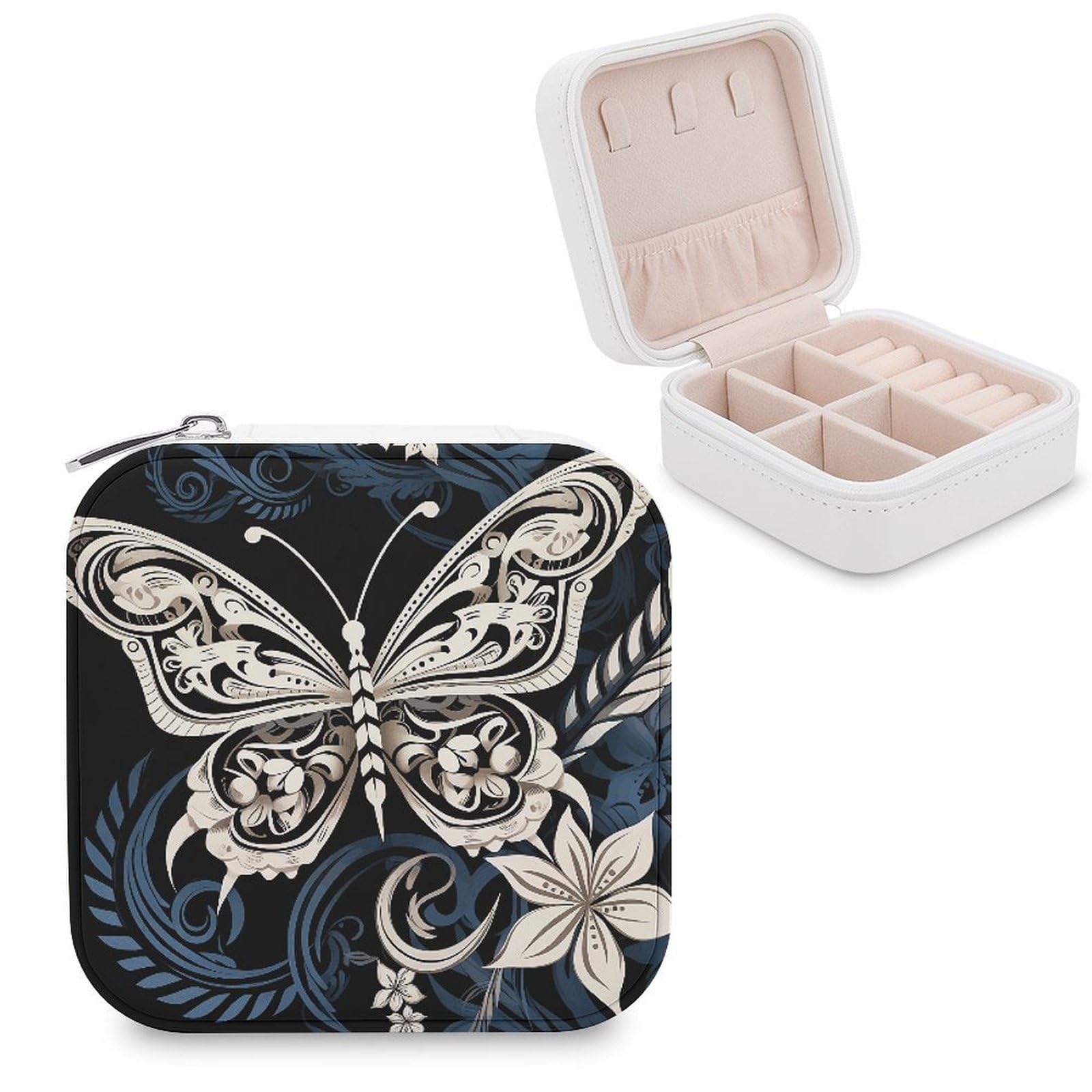 FekiLoot White Butterflies And Tribal Travel Jewelry Box Small Jewelry Organizer Storage Case Portable PU Leather Mini Jewellry Travel Case Necklace Ring Storage Organizer Gift for Women