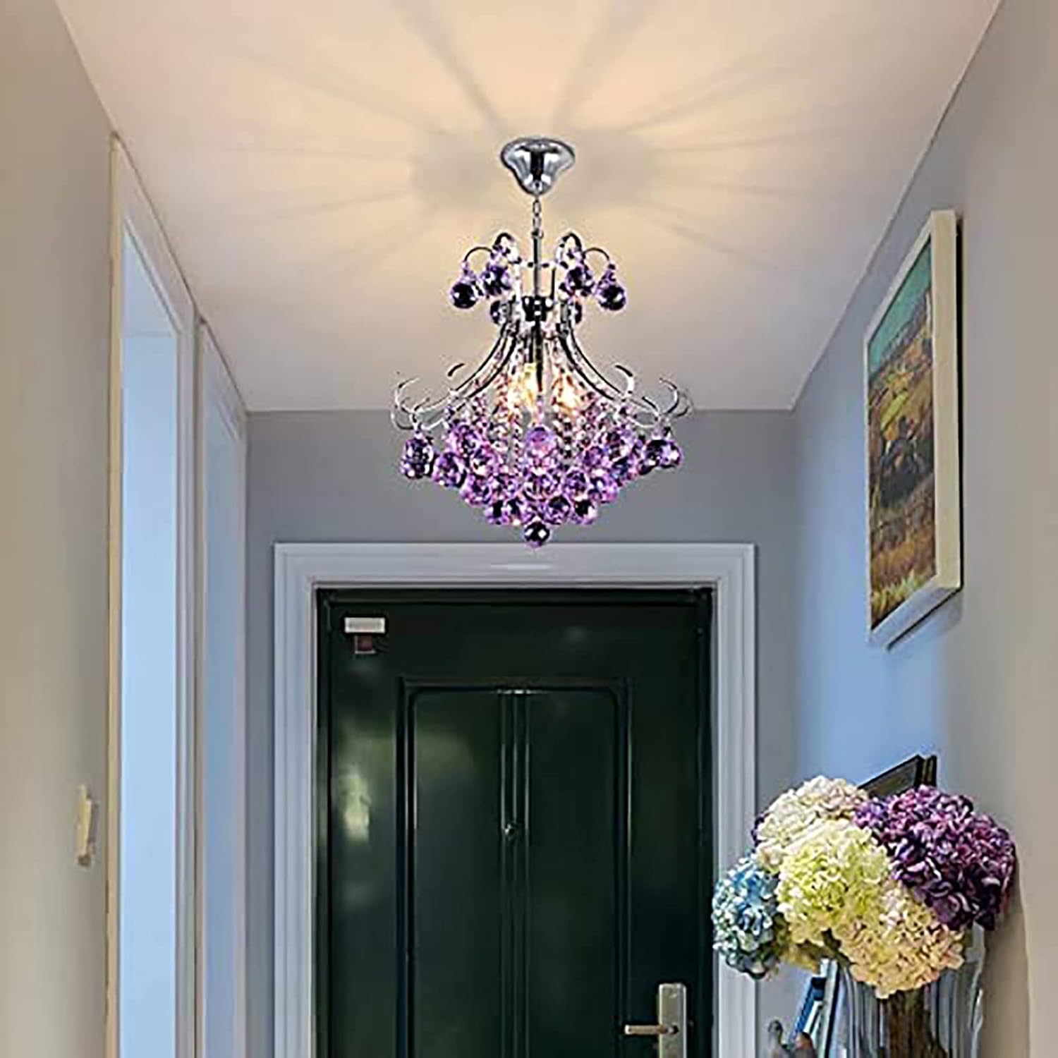 Modern Crystal Chandelier,Purple K9 Crystal Raindrop Chandelier,Flush Mount Ceiling Light Fixture,3 Lights LED Pendant Light for Bedroom Dining Living-Purple 30x35cm Decoration