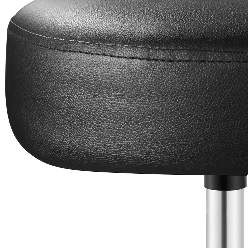 BAKAJI Taburete con ruedas redondas, asiento de piel sintética y base de acero giratorio de 360°, altura ajustable, acolchado con grosor de 10 cm, ideal para casa, esteticista, estudio médico (negro)