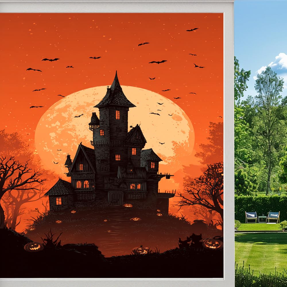 Retro Moon Night Privacy Window Film, Halloween Pumpkin Castle Frosted Self-Adhesive Vinyl Cling for Glass Doors Bathroom Windows Sun Blocking Heat Control, （90x140cm）