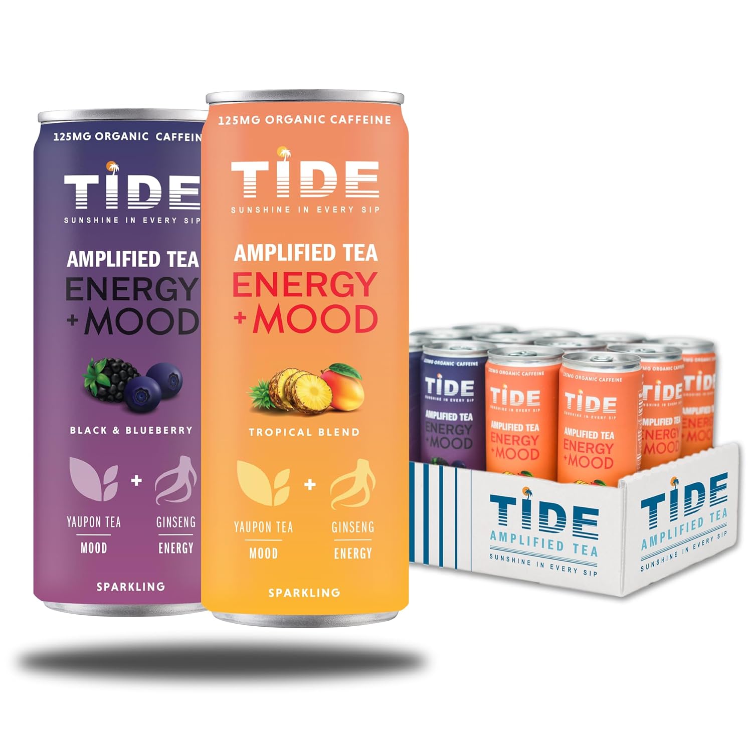 TIDE Yaupon Tea Premium Brewed Clean Energy with 125mg Caffeine - Ginseng Health Drink - Organic Fruit Juice & Green Tea - Healthy Morning Boost Beverage, Low Calorie, 12 pack (12 oz, Black and Blueberry)