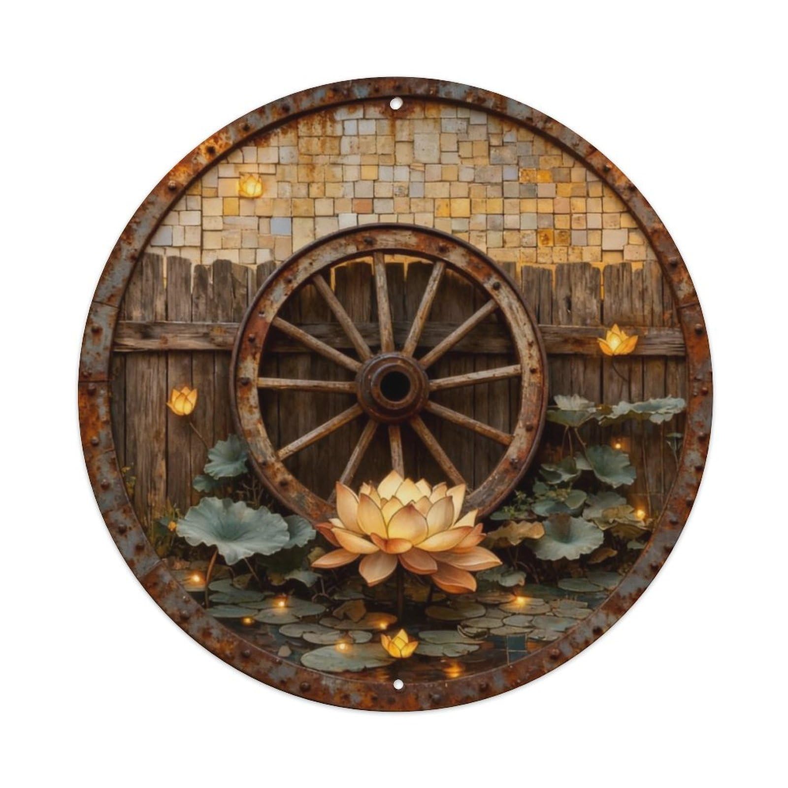 Wagon Wheel Wooden Fence Metal Tin Sign Plaque