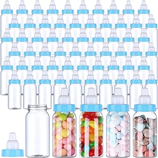 60 Pcs 4.5 Inch Baby Mini Milk Bottle Baby Shower Favor Fillable Feeding Bottle Candy Box Small Plastic Candy Container DIY Gift for Boy Girl Newborn Baptism Party Decor (Blue)