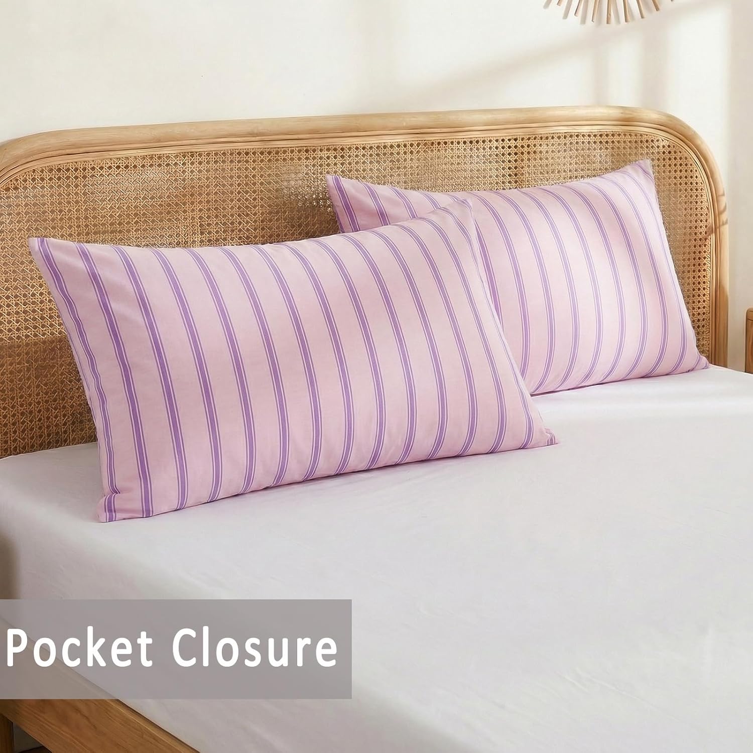 Merryword 100% Cotton Pillow Cases, Queen Size Pillowcases, Pink & Purple Striped Pillowcases, Luxury Linen Like Pillowcase, Soft Breathable Engineered Stripes Pillow Covers, Set of 2