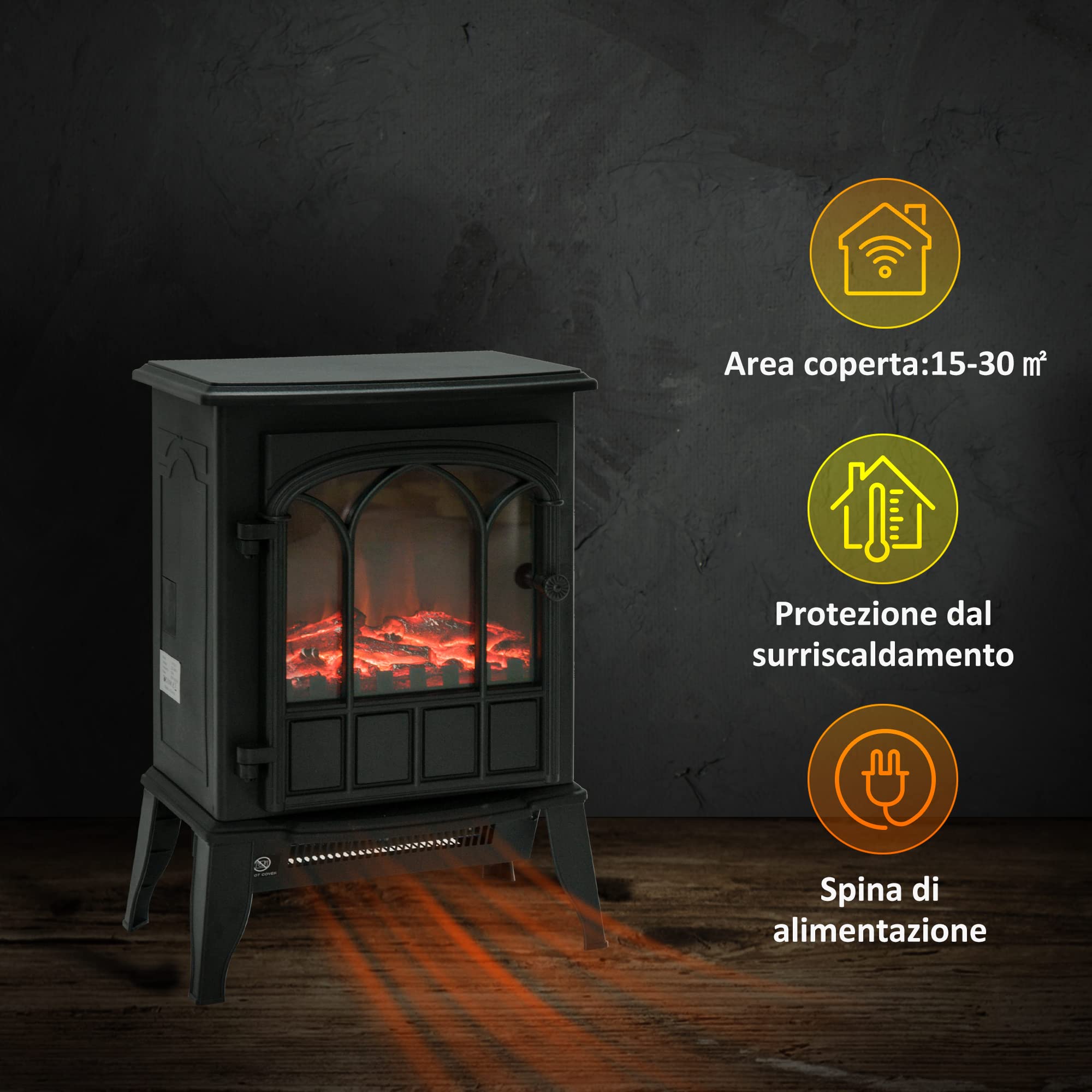 HOMCOM Camino da Terra Elettrico Potenza 1000W / 2000W con Effetto Fiamma Luminosità Regolabile, Caminetto Elettrico con Temperatura Regolabile e Protezione Anti Surriscaldamento, 39x23x56.5cm, Nero