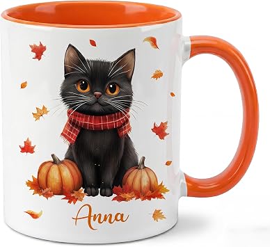 Hyturtle Personalized Cute Fall Black Cat Mug - Cute Cat Gift For Women - Autumn Animals For Lovers - Maple Leaf Animals Present For Her Decor Thanksgiving - Custom Coffee Cup Ceramic Mug 11 Oz 15 Oz