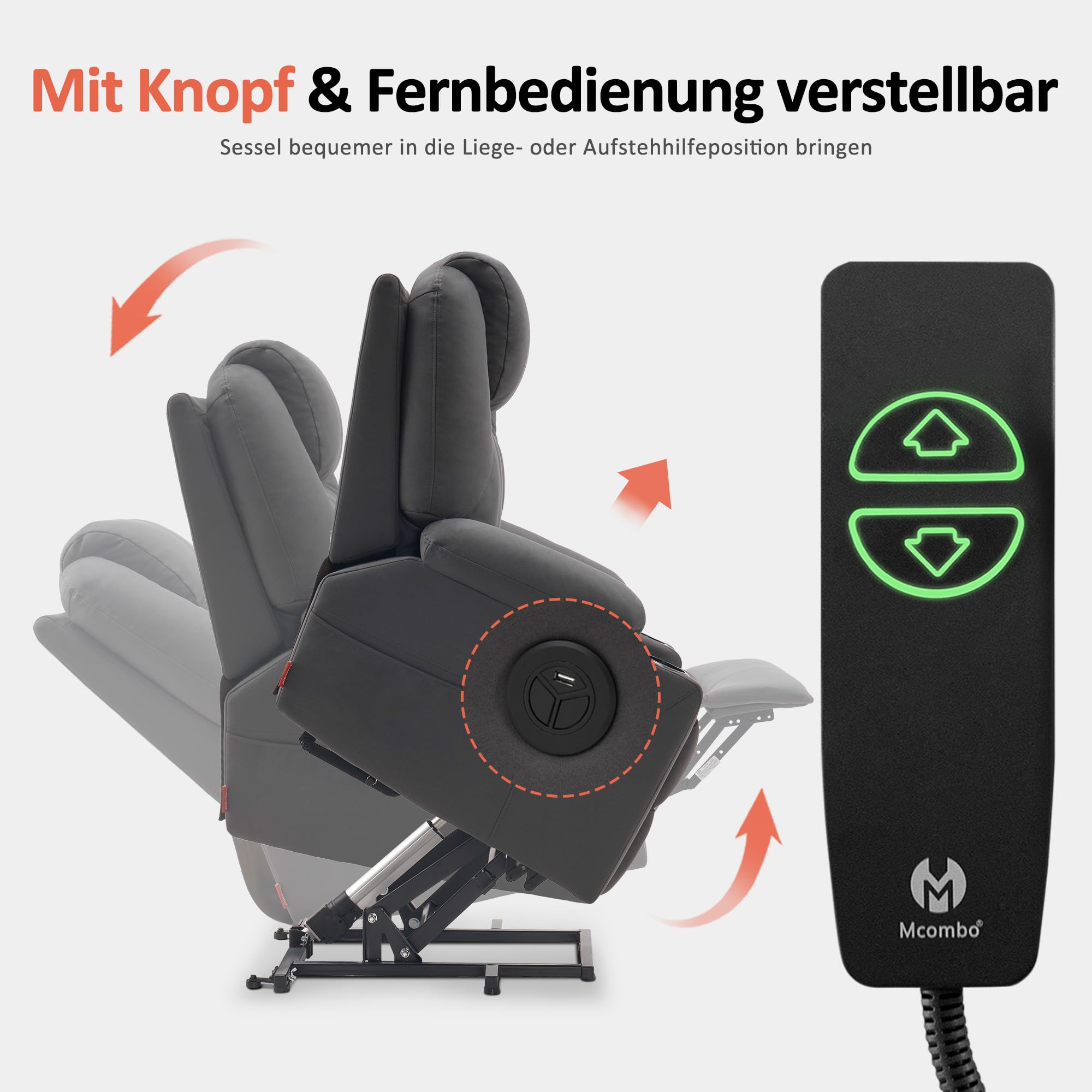 M MCombo Poltrona per TV con supporto per alzarsi, elettrica, poltrona relax con funzione sdraiata fino a 140°, poltrona massaggiante con funzione di calore, pulsante e telecomando regolabile, con