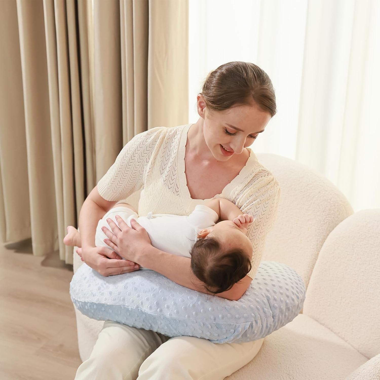Nursing Pillow for Breastfeeding and Bottle Feeding More Support for Mom and Baby,Soft Newborn Nursing Baby Pillow， Machine Washable (Light Blue)