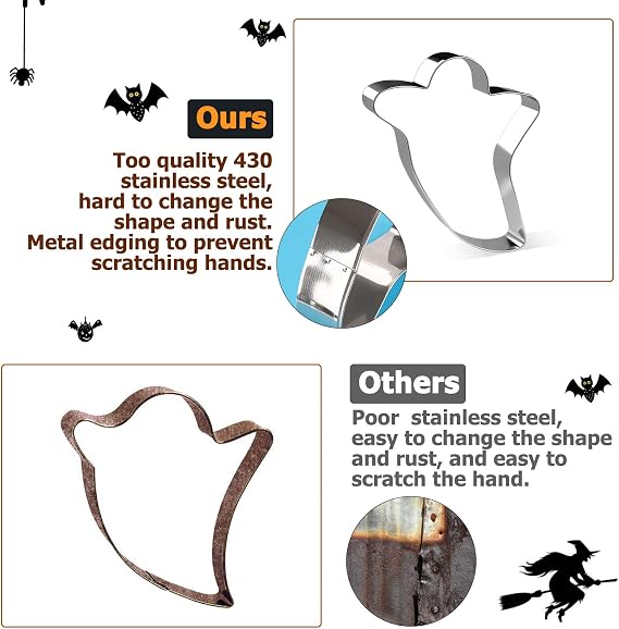 Halloween Cookie Cutters, Joyoldelf 6 Piece Biscuit Cookie Cutter - Pumpkin, Bat, Ghost, Cat, Witch Hat, Candy for Kids - Stainless Steel