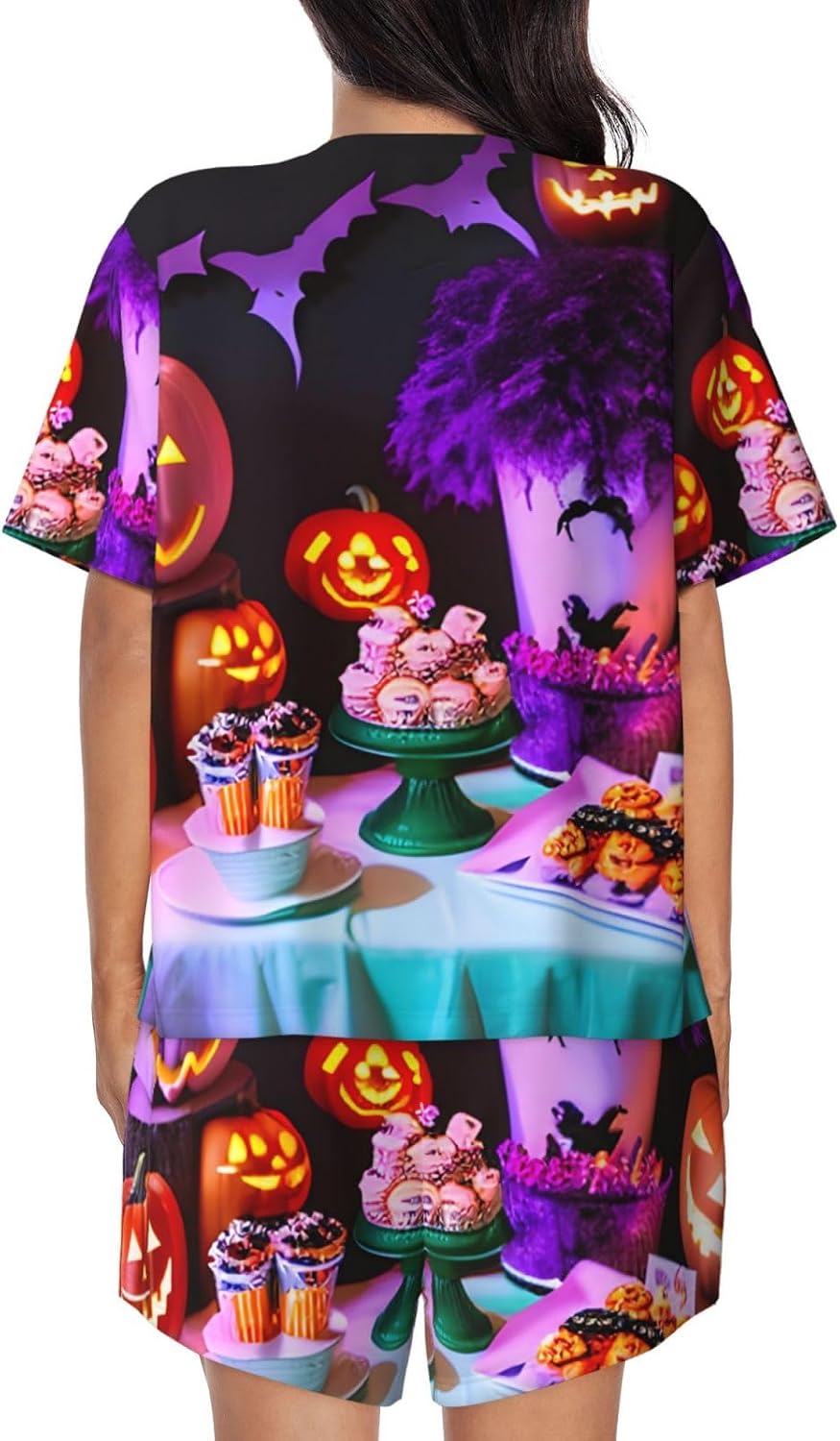 Womens Halloween Carnival Party Print Pajama Sets Lounge Sets Crew Neck Sleepwear Split Shorts Set Soft Pjs