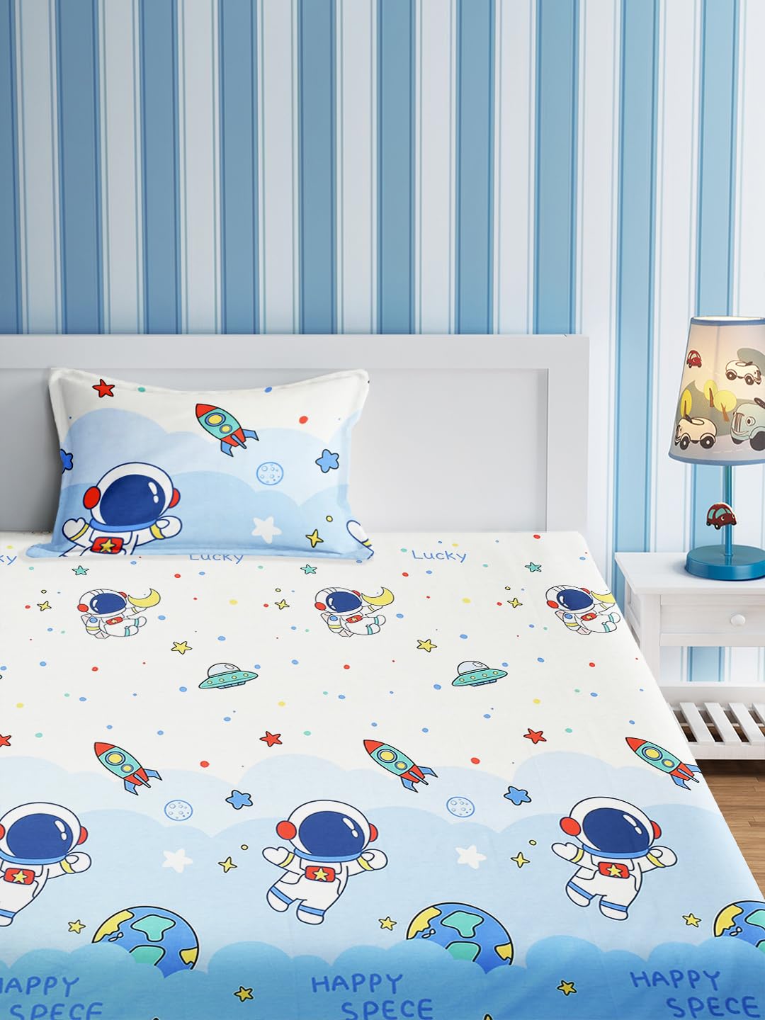 URBAN DREAM Kids Astronaut and Rocket Print White and Blue BEDSHEET Set (Single Bed)-image-38