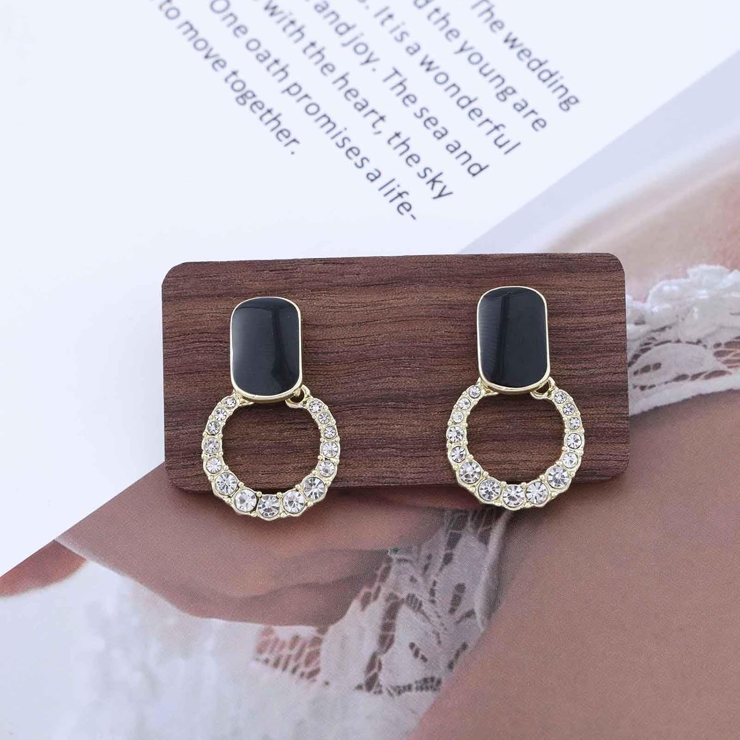 Sparkly Crystal Circle Dangle Earrings Hollow Circle Drop Earrings Black Enamel Square Stud Earrings Rhinestone Gold Cz Geometric Earrings Jewelry for Women - Image 3