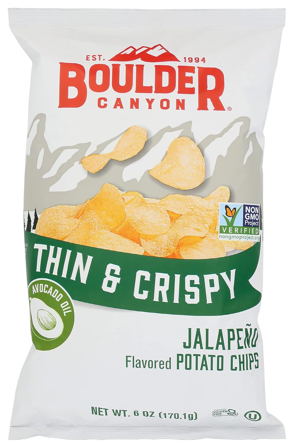Boulder Canyon Jalapeño Potato Chips Made With Avocado Oil, Thin & Crispy, Gluten Free, 6 Ounces (Pack Of 12)