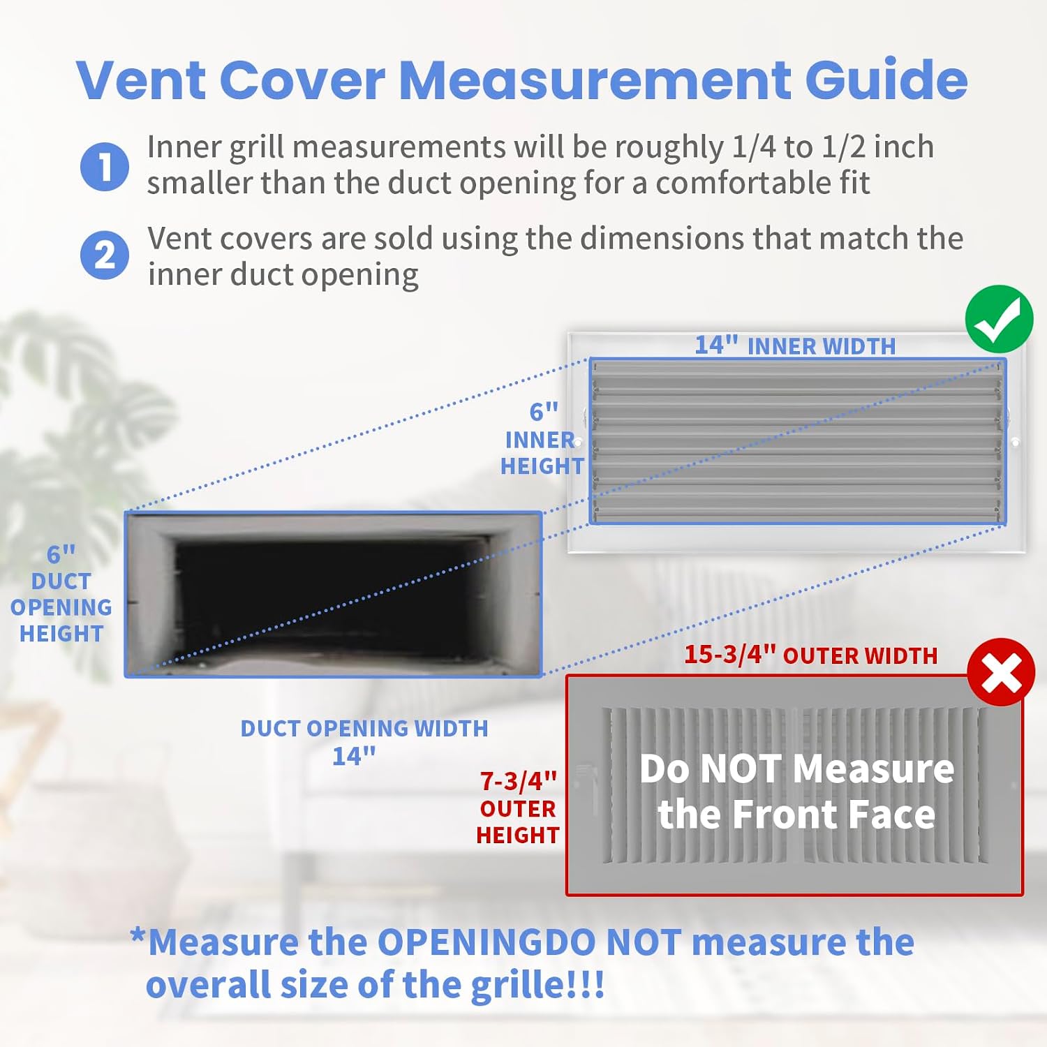 Duct Opening] Air Vent Covers for Wall or Ceiling - High Airflow 2 Way Steel Ventilation - Adjustable Wall/Ceiling Register, [Overall Dimensions]