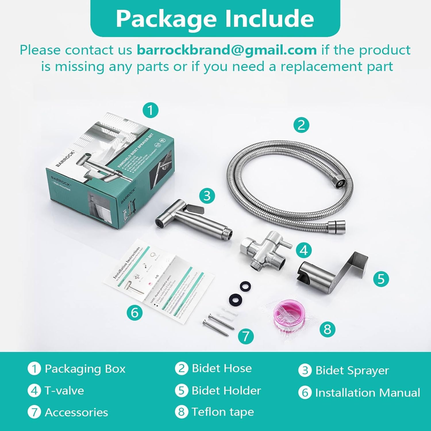 BARROCK Bidet Sprayer for Toilet, Handheld Jet Spray for Existing Toilets with Bidet Hose, Adjustable Water Pressure Muslim Shower, Stainless Steel Cloth Diaper/Feminine Wash Sprayer Brushed Nickel