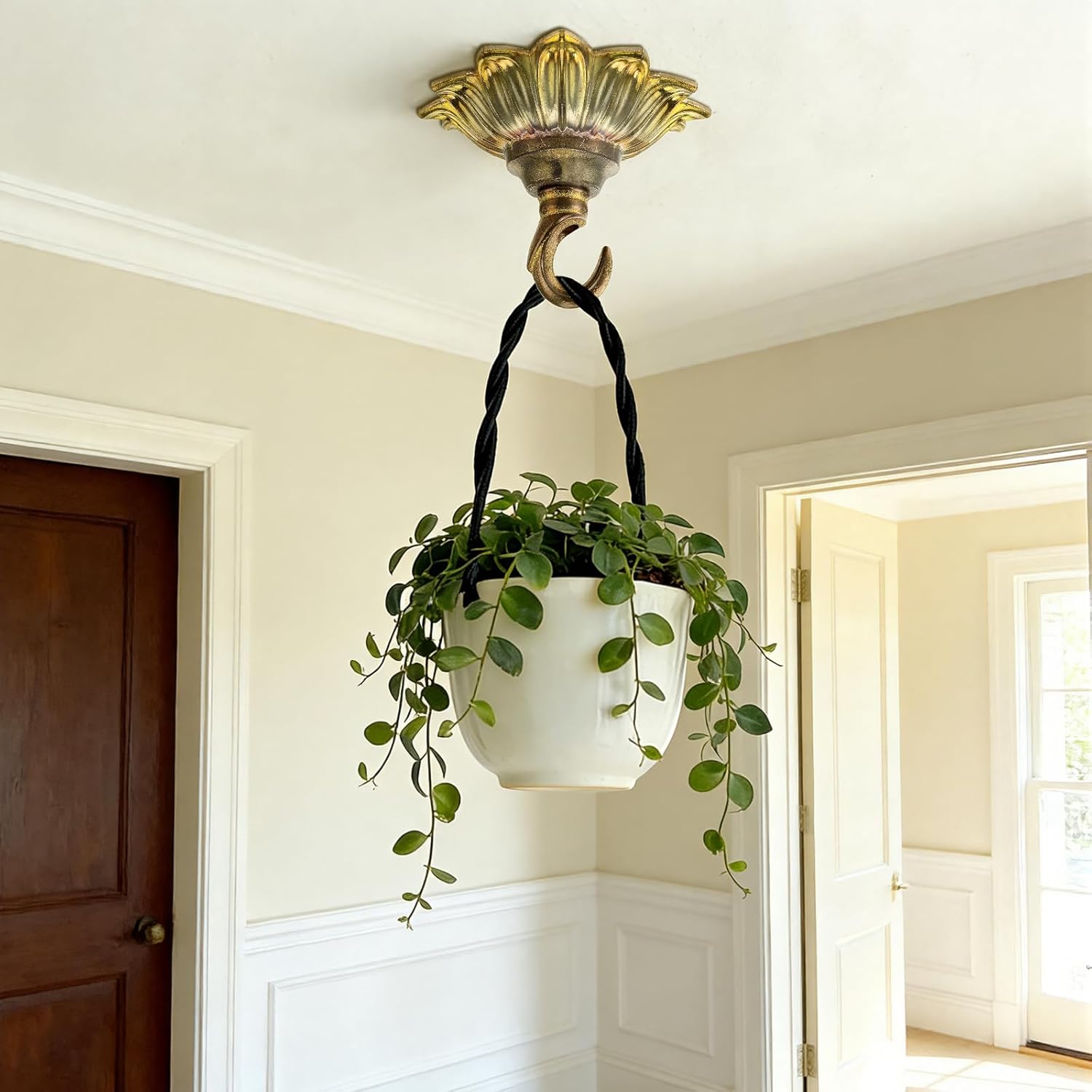 Hicarer 3.58 in Floral Brass Hook for Hanging Planters Brass Canopy Kit for Chandelier and Ceiling Lights Wind Chimes and Swag Pendant Lights Decorative Art Nouveau Open Hook Home Ceiling(Vintage)