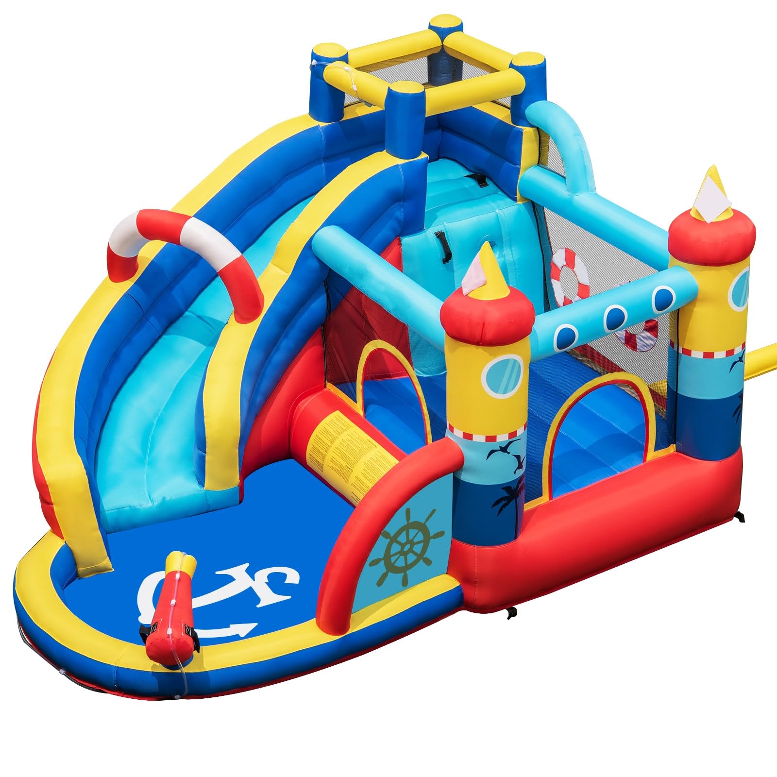 LIFEZEAL Château Gonflable pour 4 Enfants 3-12 Ans, Parc Aquatique, Filet de Sécurité, Jeux, Toboggan, Zone de Saut, Piscine, Canon à Eau, Intérieur Extérieur, Thème Navigation (sans souffleur)