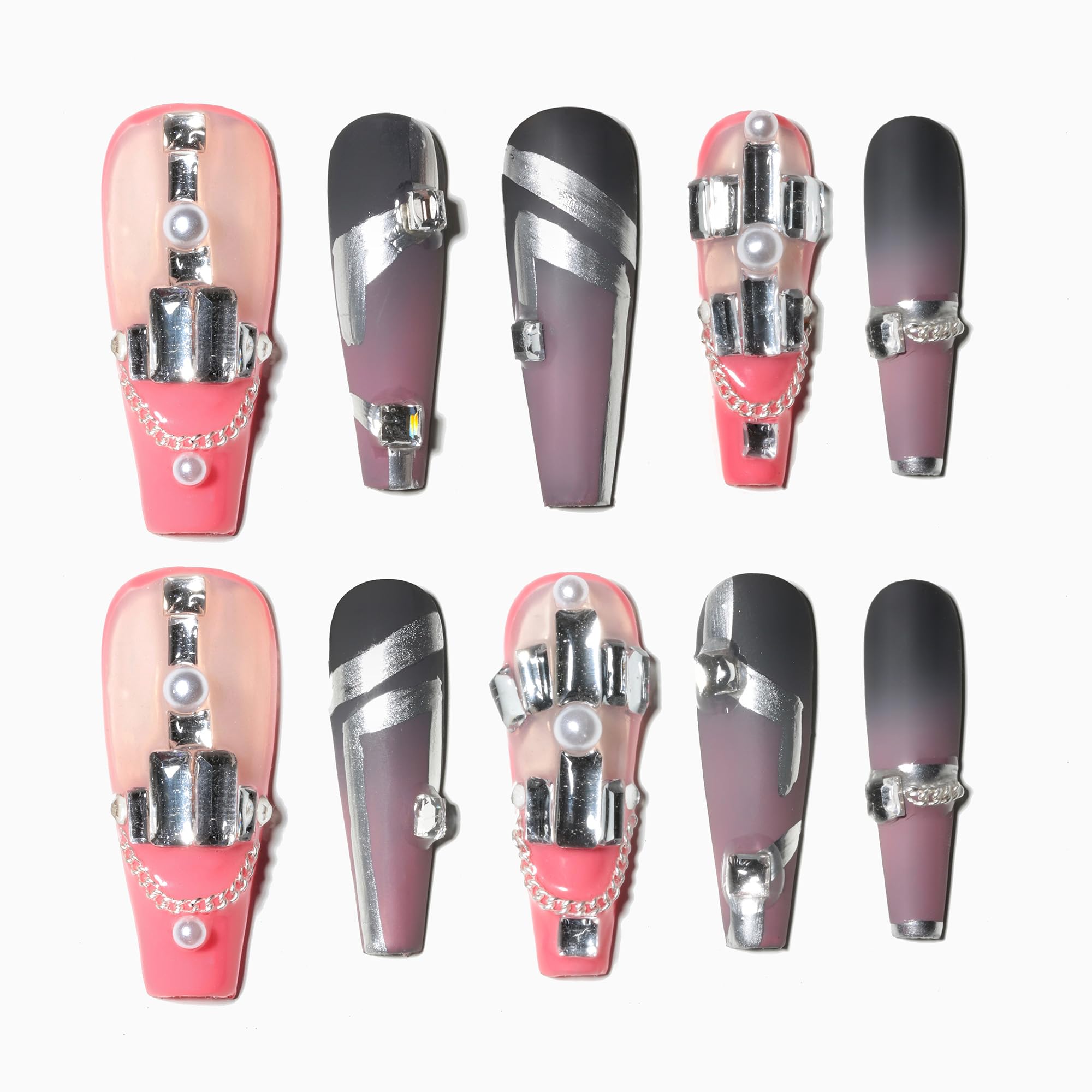Sun&Beam Nails Handmade Press-on Long Coffin Ballerina Red White Black Silver Glam Halloween Ombre Design Fashion False Nail Tips 10 Pcs Set (#189 M) — view 48