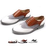 Men's Two Tone Patchwork Brogue Oxfords Shoes Fashion Classic Round-Toe Lace Up Low Top Leather Dress Shoes Hand Stitched Business Formal Derby Shoes