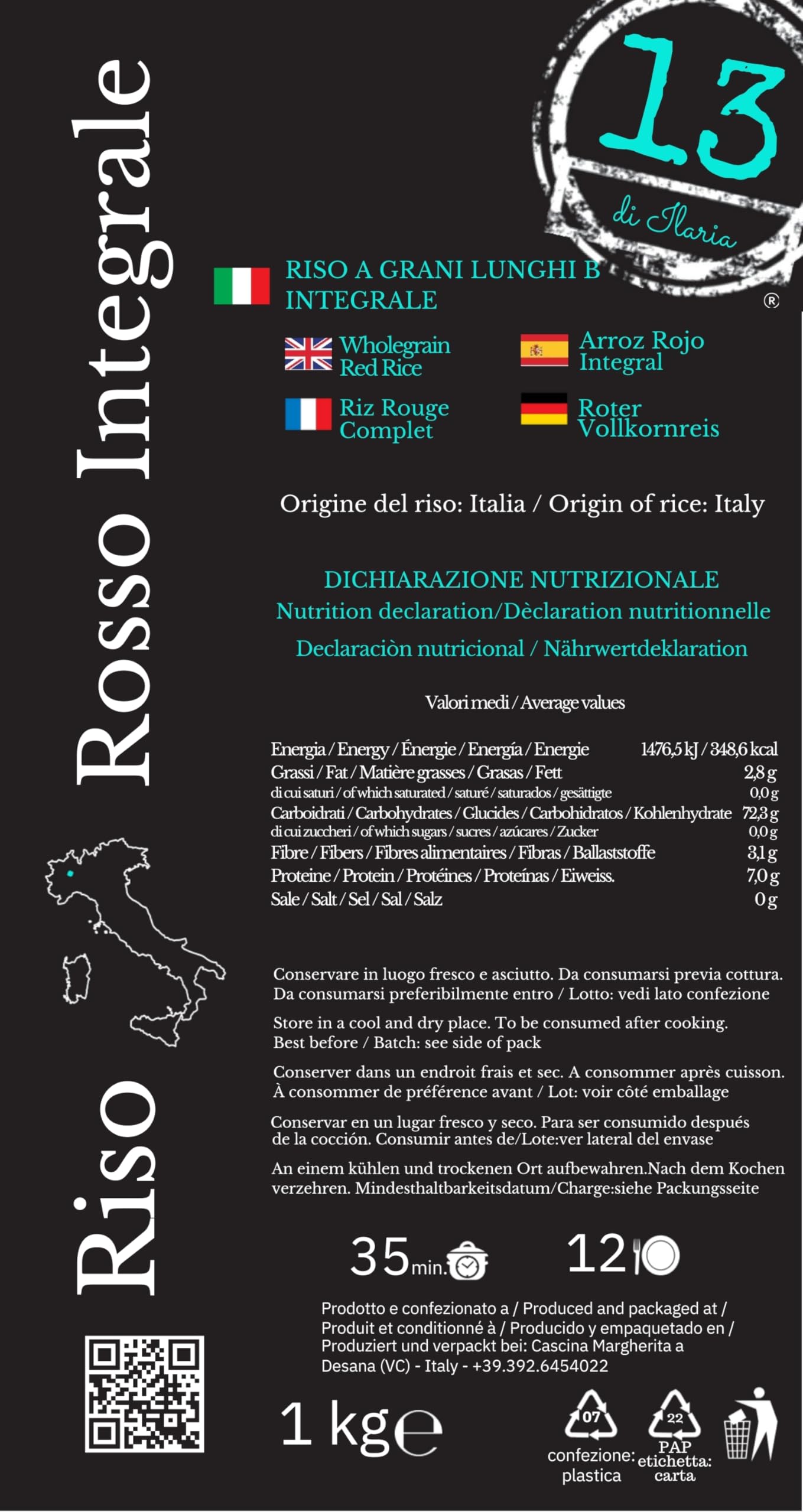 Riz Rouge Italien Complet – 2 kg (2 x 1 kg) – Riche en Fibres et Antioxydants – Sans Gluten – Idéal pour Salades et Accompagnements Sains – Piémont | 13 di Ilaria
