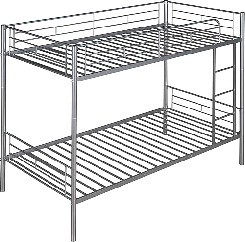 Miniatura 18 de HABITRIO Litera de metal tamaño individual, marco individual industrial con escalera y barandilla de longitud completa para dormitorios de niños y