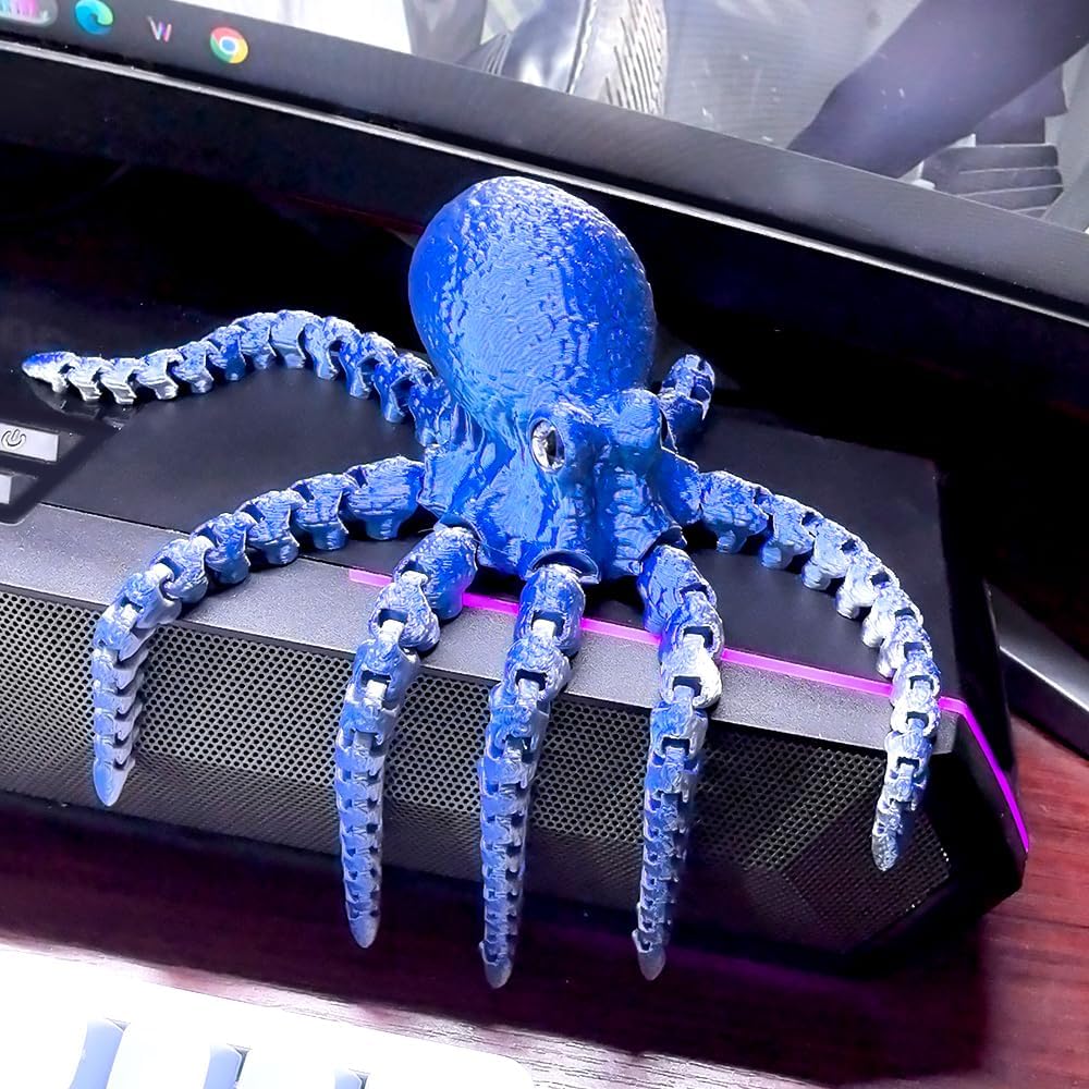 3D Printed Octopus,3D Printed Animals Fidget Toys, Decor for Stress Relief,Desk Fidget Spinner Toys (Silvery Blue)