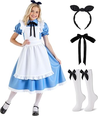 Halloween Costumes for Girls, Blue Dress White Apron with Stockings Bow headband and Tie Set for Cosplay Party