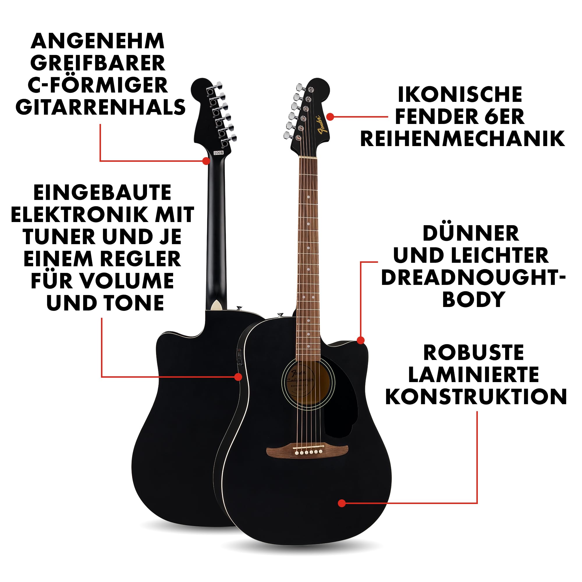 Fender California Debut Redondo Dreadnought CE-Akustikgitarre mit Cutaway, Fichtendecke, schwarz