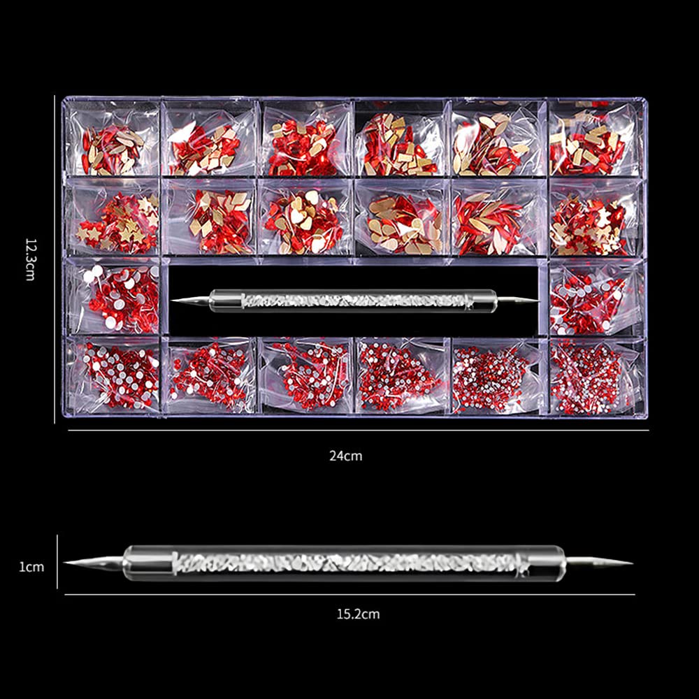 Kit di 3100 strass per unghie con cristalli e cristalli AB, con diamanti 3D, con penna per trapano, cristalli per unghie non Hotfix, decorazione per unghie (rosso)