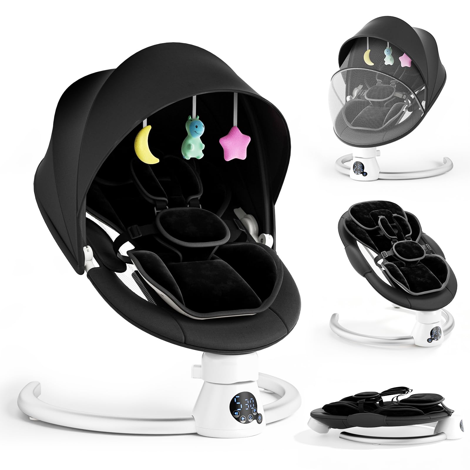 Transat pour bébé, balançoire électrique portable avec dents bleues, 5 vitesses de balancement, harnais à 5 points, télécommande et panneau tactile (noir)
