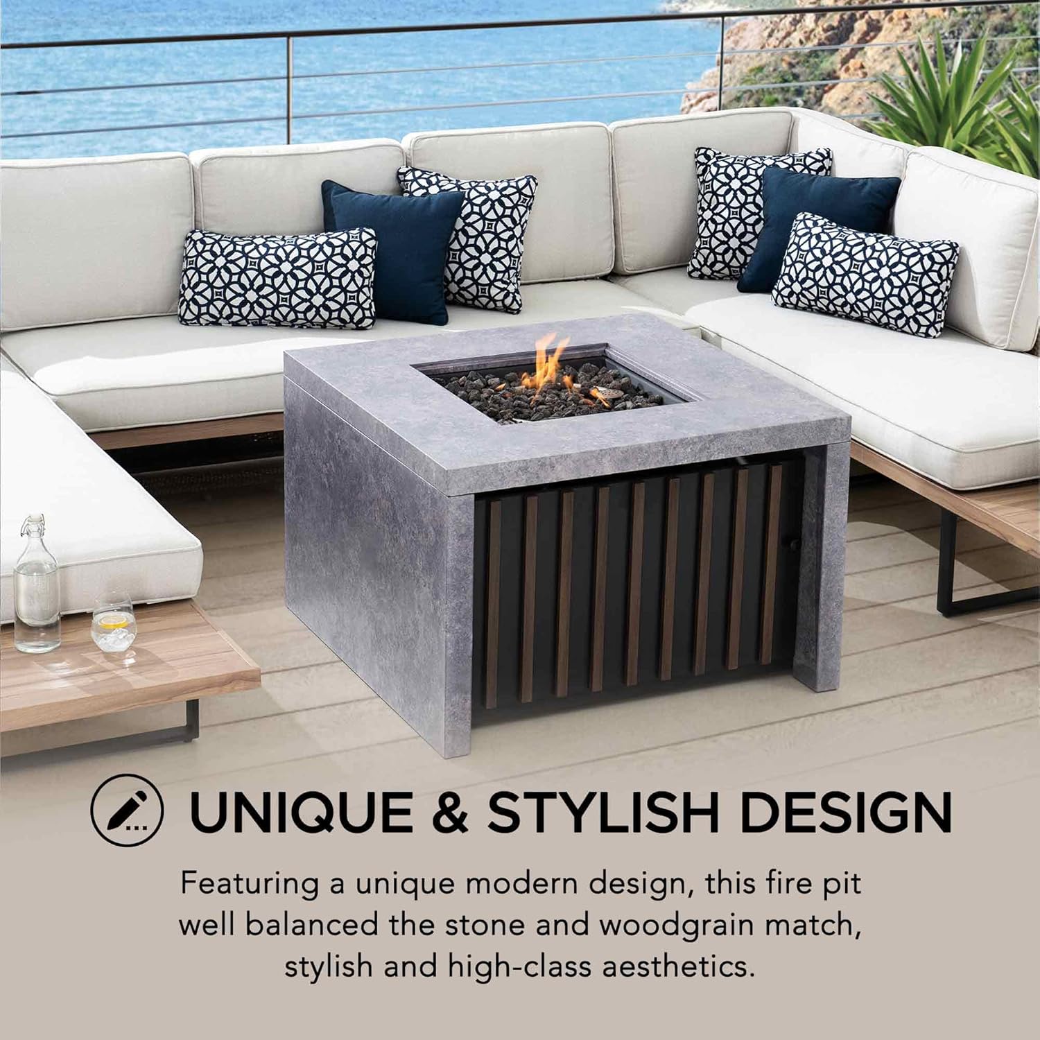 Sunjoy 38'' Smokeless Fire Pit Outdoor Square Propane Gas Firepit Table Hidden Propane Tank Fire Pits with Lid and Lava Rocks by AmberCove