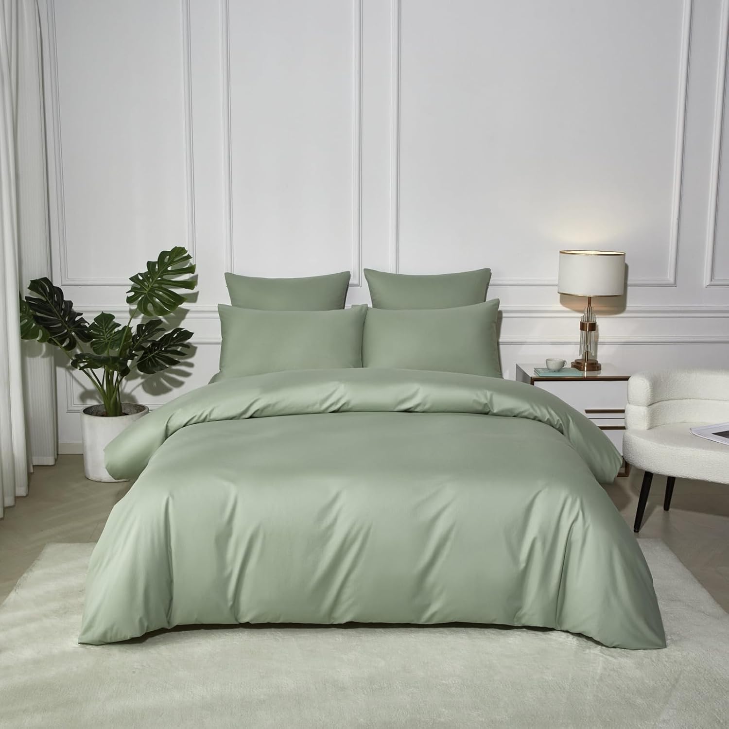 Sage Green Cotton Duvet Cover Set Queen Size, 100% Combed Cotton Percale Bedding, Soft Breathable Plain Weave Comforter Cover with 2 Pillowcases, Minimalist Neutral Bedroom Decor for All Season
