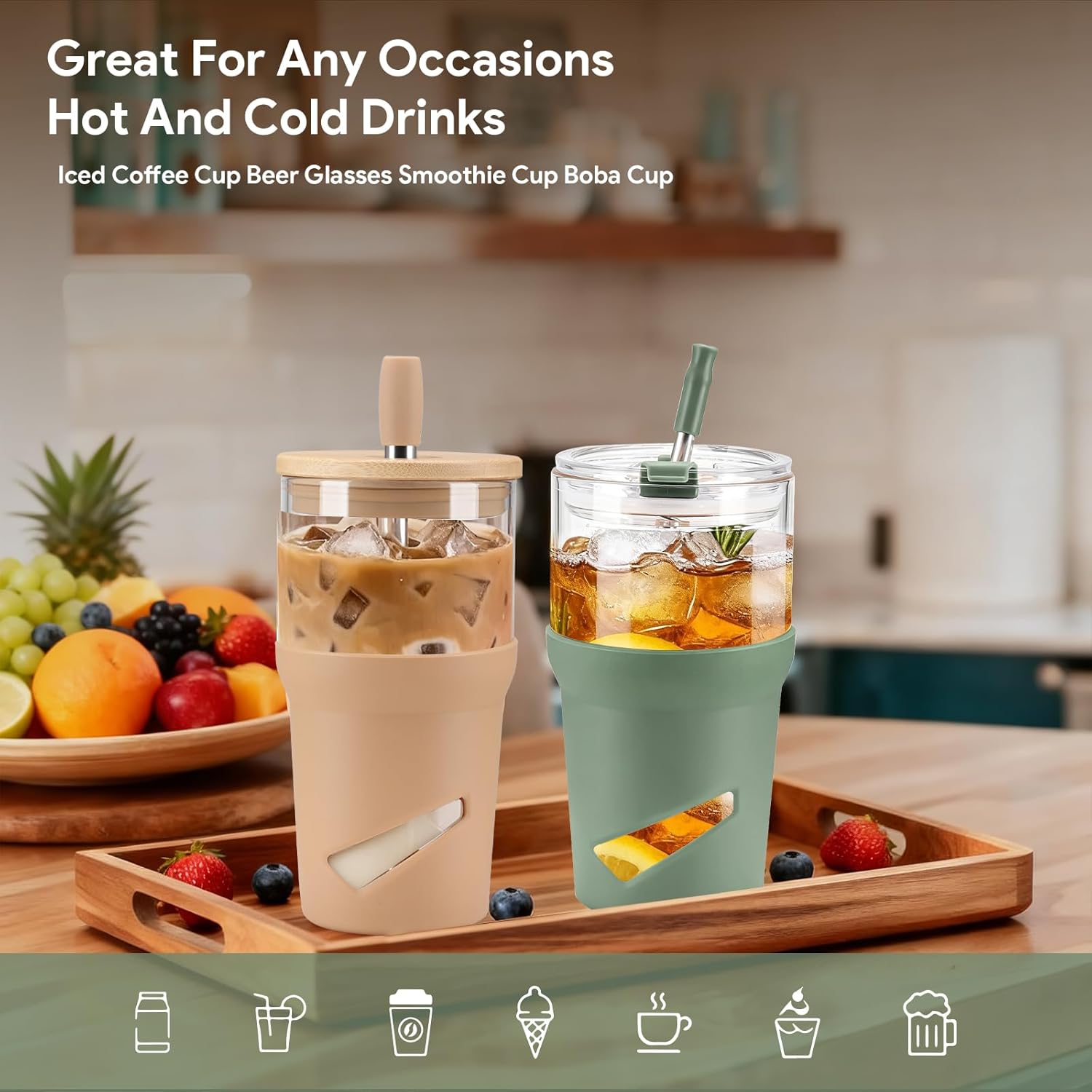 Glass Tumbler with Lids and Straws, 20 oz Iced Coffee Cup and Smoothie Cup with Bamboo Lid and On the go Lid,Glass Cups With Straws - Image 5