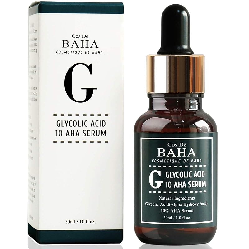 Sérum facial com ácido glicólico 10%, aloe vera e chá verde Cos De BAHA, sem fragrância, 30 mL