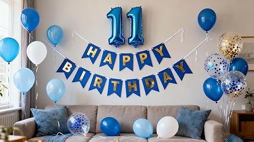 Miniatura 16 de Decoraciones de cumpleaños número 10, color azul para niños y niñas, pancarta de feliz cumpleaños número 10, globos de papel de aluminio de látex