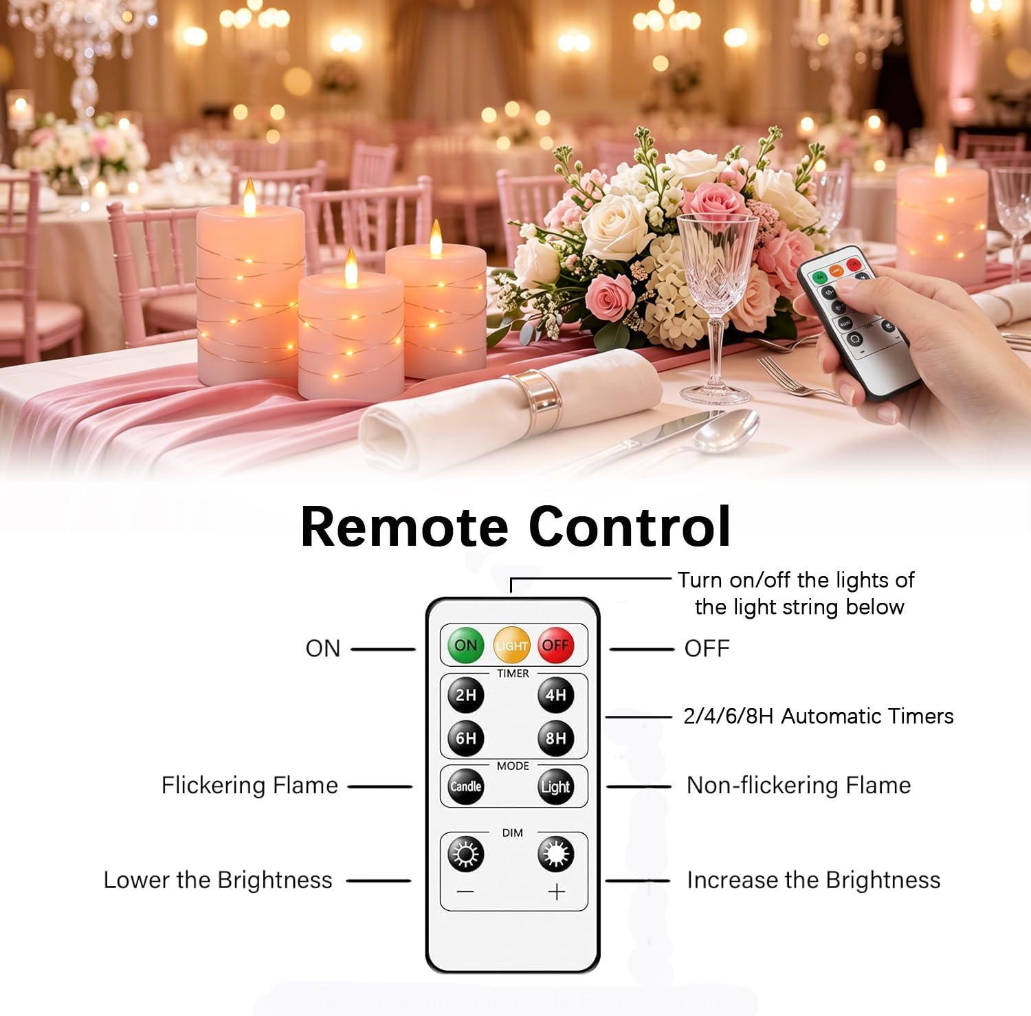 Maxspace Candele senza fiamma con catena luminosa, candele a LED con fiamma tremolante con telecomando, in vera cera, candele a colonna alimentate a batteria, per regali di nozze, set da 3 (rosa)