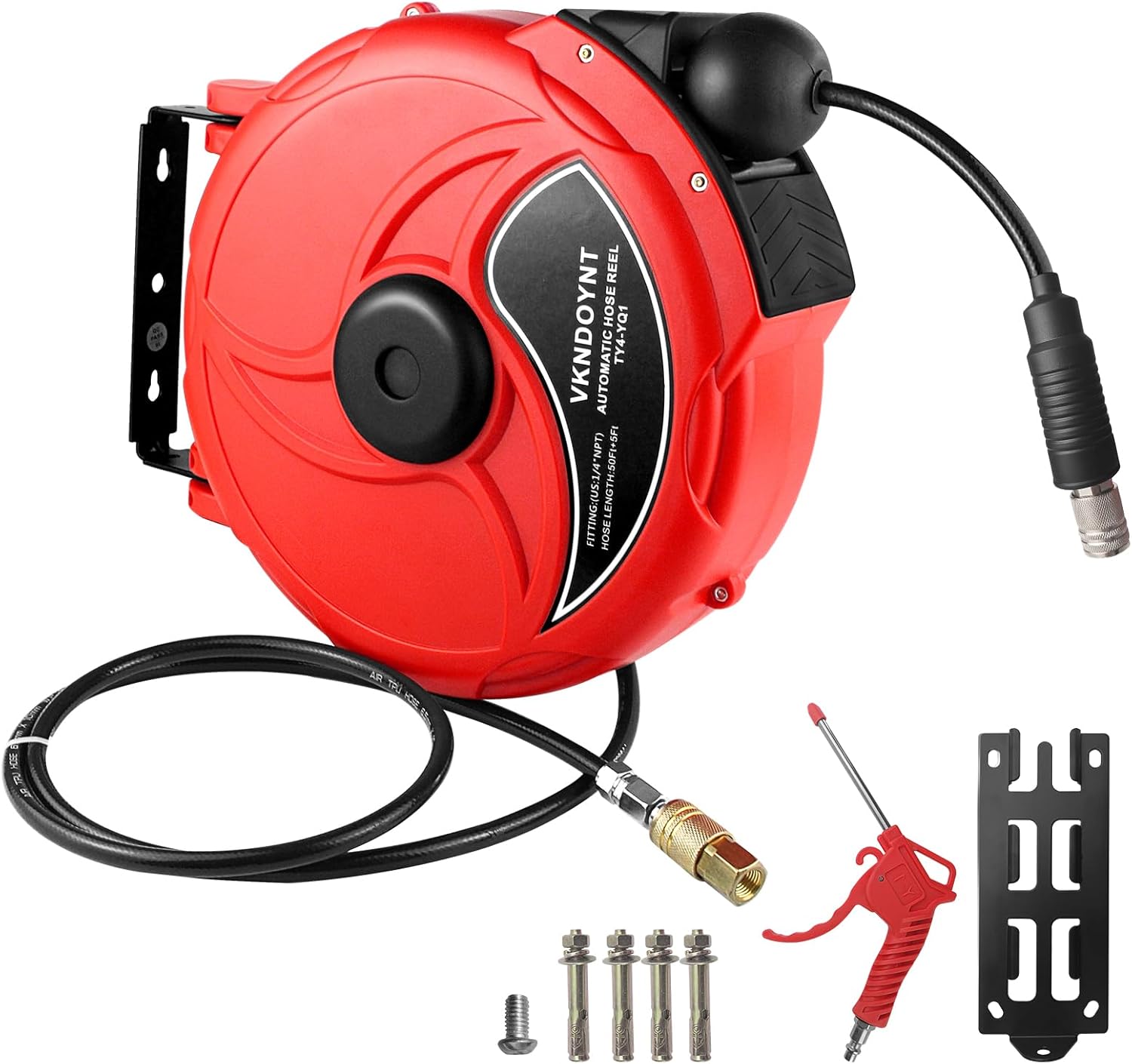 Retractable Air Hose Reel, 1/4 in x 50 FT Hybrid Polymer Hose, Air Compressor Hose Reel with 5 ft Lead in, Ceiling/Wall Mount Enclosed Air Reel, 180° Swivel Mount, Red/Black