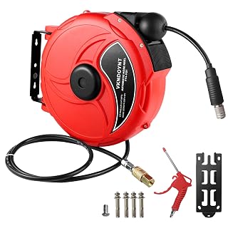 Retractable Air Hose Reel, 1/4 in x 50 FT Hybrid Polymer Hose, Air Compressor Hose Reel with 5 ft Lead in, Ceiling/Wall Mount Enclosed Air Reel, 180° Swivel Mount, Red/Black - Amazon product rated Grade A