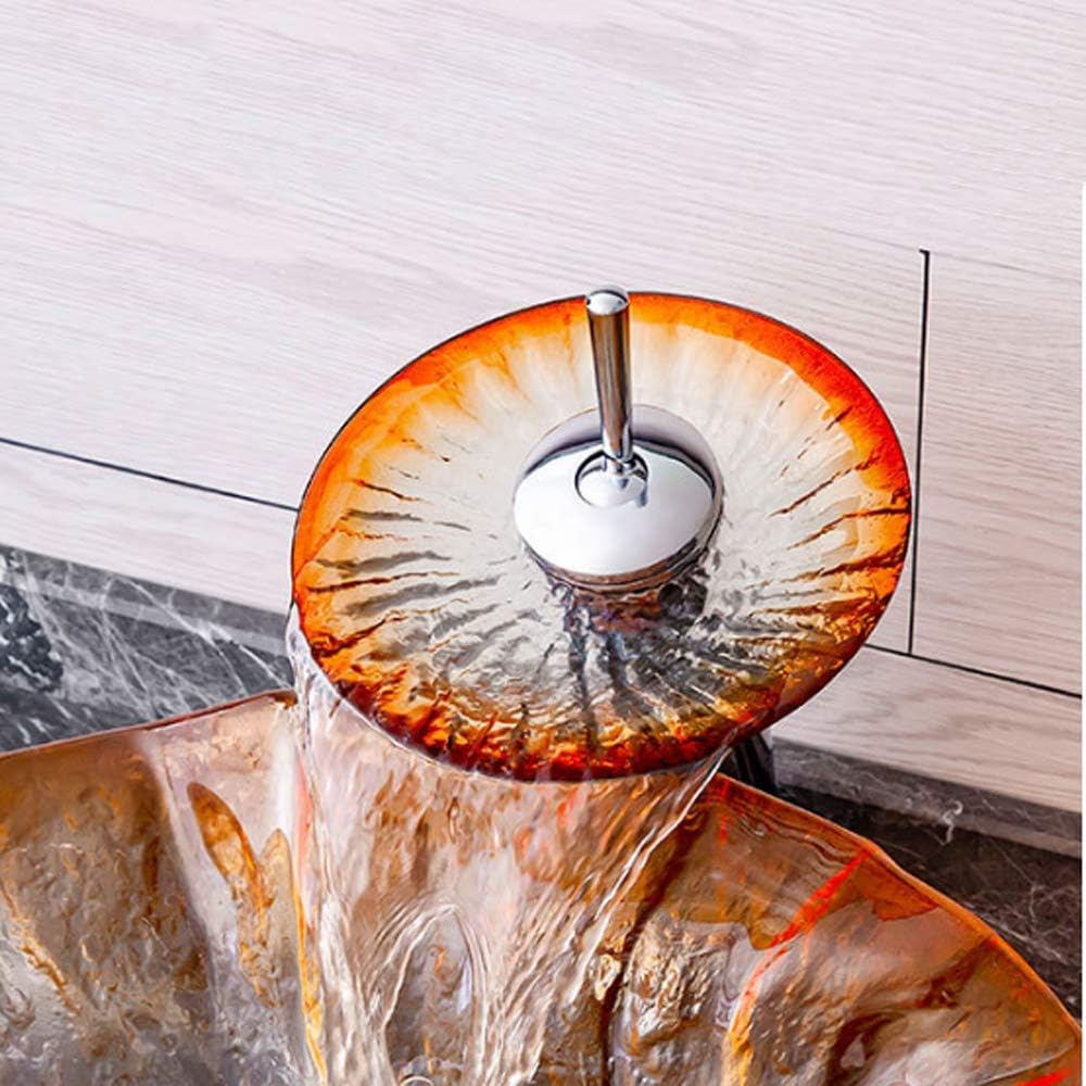 Tempered Glass Bathroom Vessel Sink Irregular Petal Shape Artistic Vessel Bathroom Vanity Bowl, Wash Basin Combo with Waterfall Faucet, Pop Up Drain, Mounting Ring,Maple Leaf
