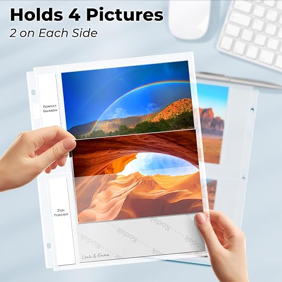 Dunwell 5x7 Photo Sleeves for 3-Ring Binder, (25 Pack) for 100 Pictures, Each Sheet Holds Four 5 x 7 Pictures or Postcards, Acid-Free Poly Plastic Photo Album Refill Pages