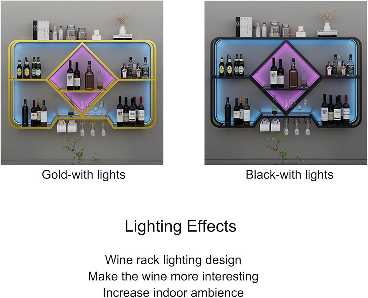 Wine Rack Floating Bar Shelves Wall Mounted with Hanging Wine Glass Holder Liquor Cabinet Bottle Display Shelf Kitchen Shelf with Light Strip for Home Bar
