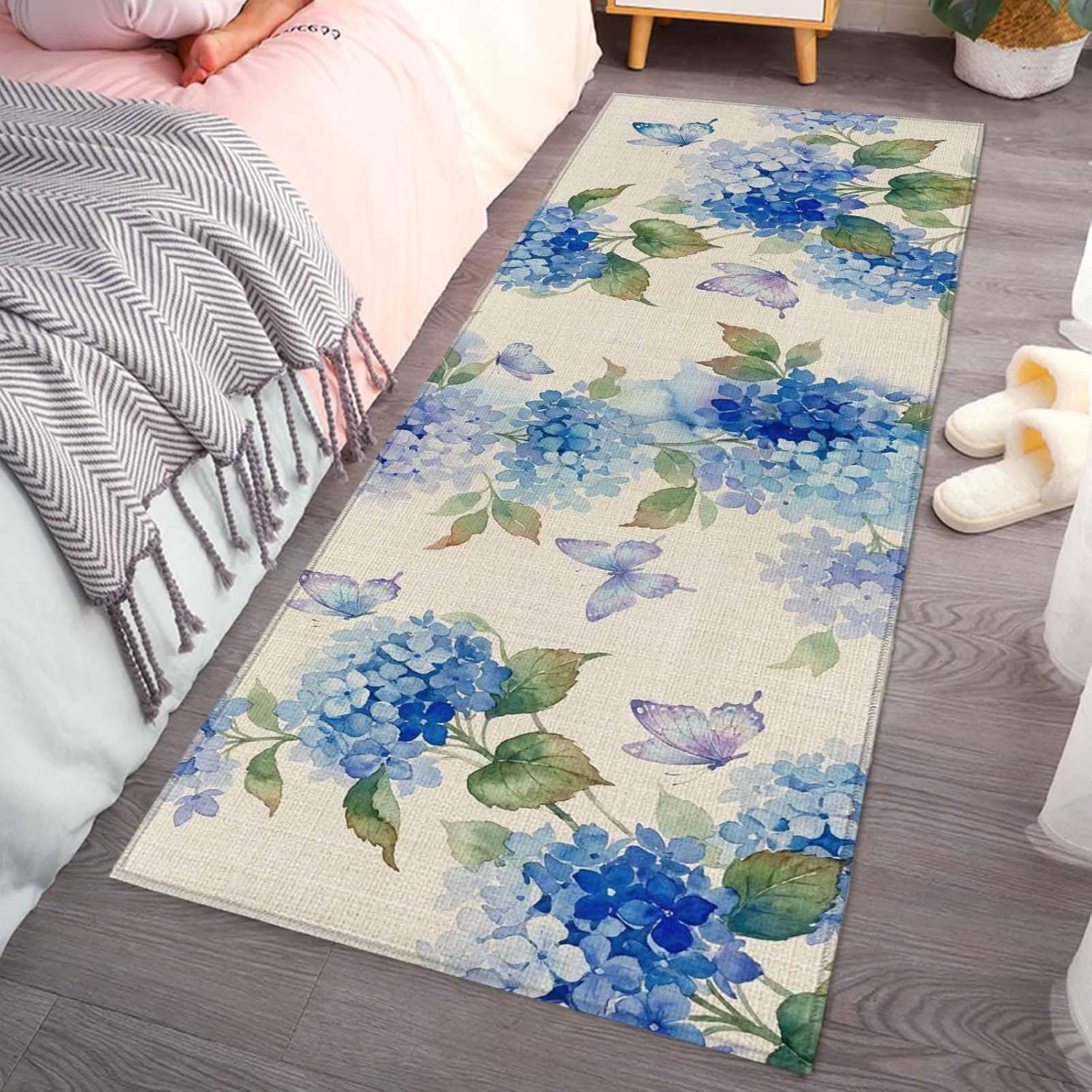 Kitchen Mats for Floor Spring Watercolor Hydrangea Washable Non Slip Kitchen Rugs 1PCS, Retro Flower Butterfly on Burlap Absorbent Standing Mats for Sink Bathroom Office Living Room 15.7x47.2in