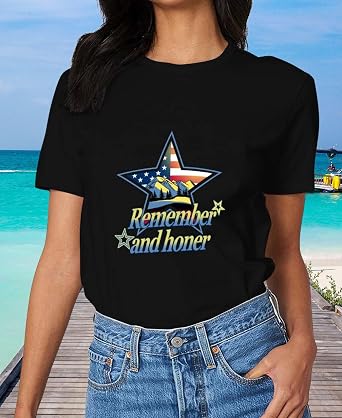 Summer Cotton Shirts for Women Shorts Sleeve Crewneck Black Tops Flag Print Shirts Women Casual & Business Stylish T-Shirts