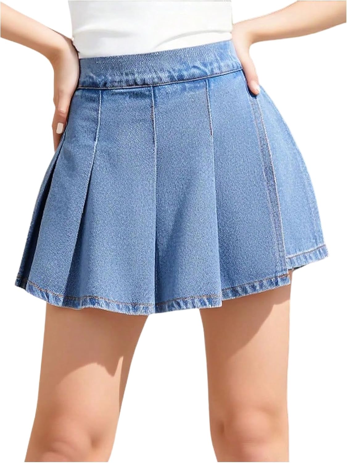 GORGLITTER Girl's Pleated Denim Skirt Cute Summer Shorts Vintage Ruffle Preppy High Waisted Jeans Skorts Medium Wash 10 Years