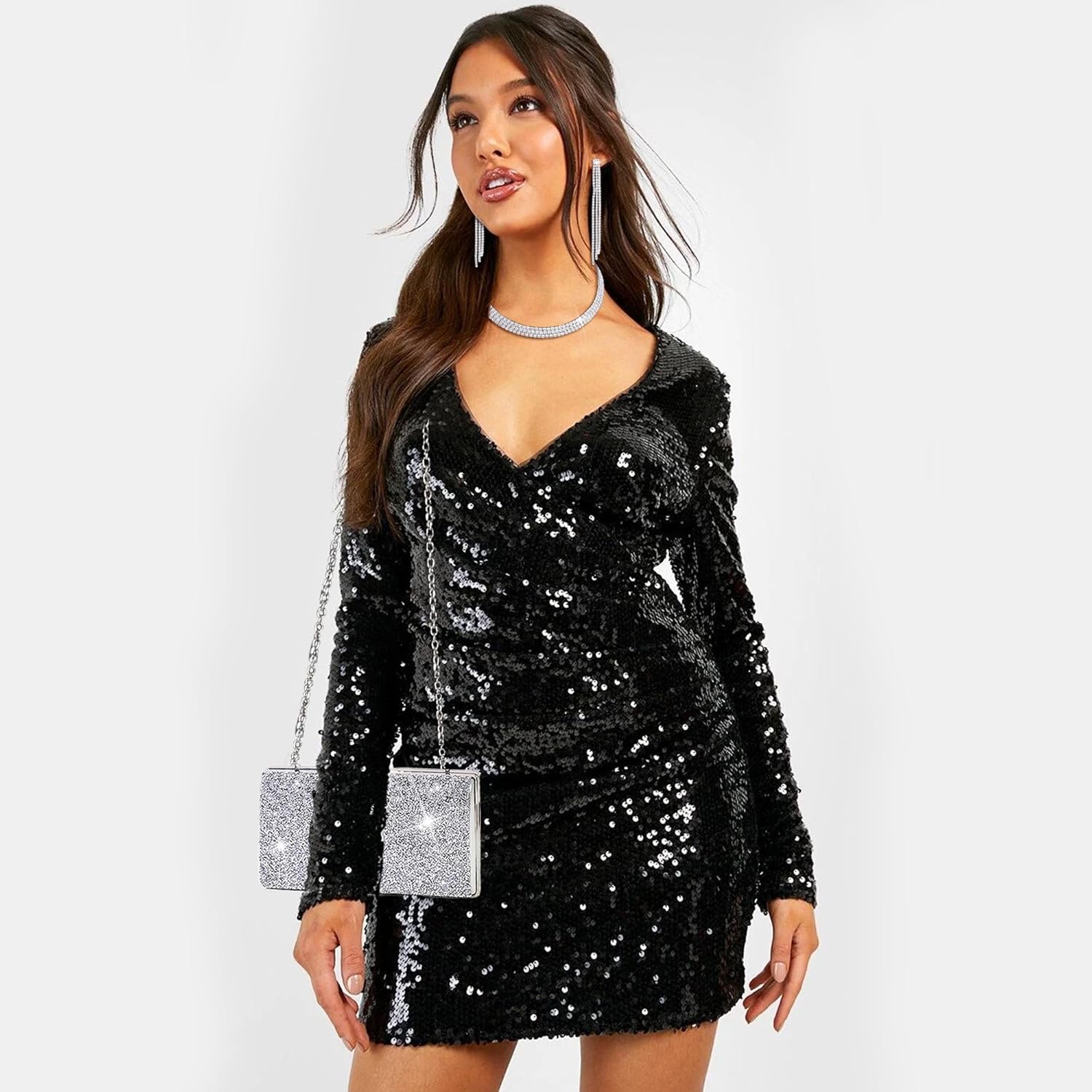 7Pcs Silvery Clutch Purse Jewelry Set for Women Bride Wedding Tennis Stretch Bracelets Ring Earrings Shiny Silvery CZ Accessories Set for Evening Party - Image 7