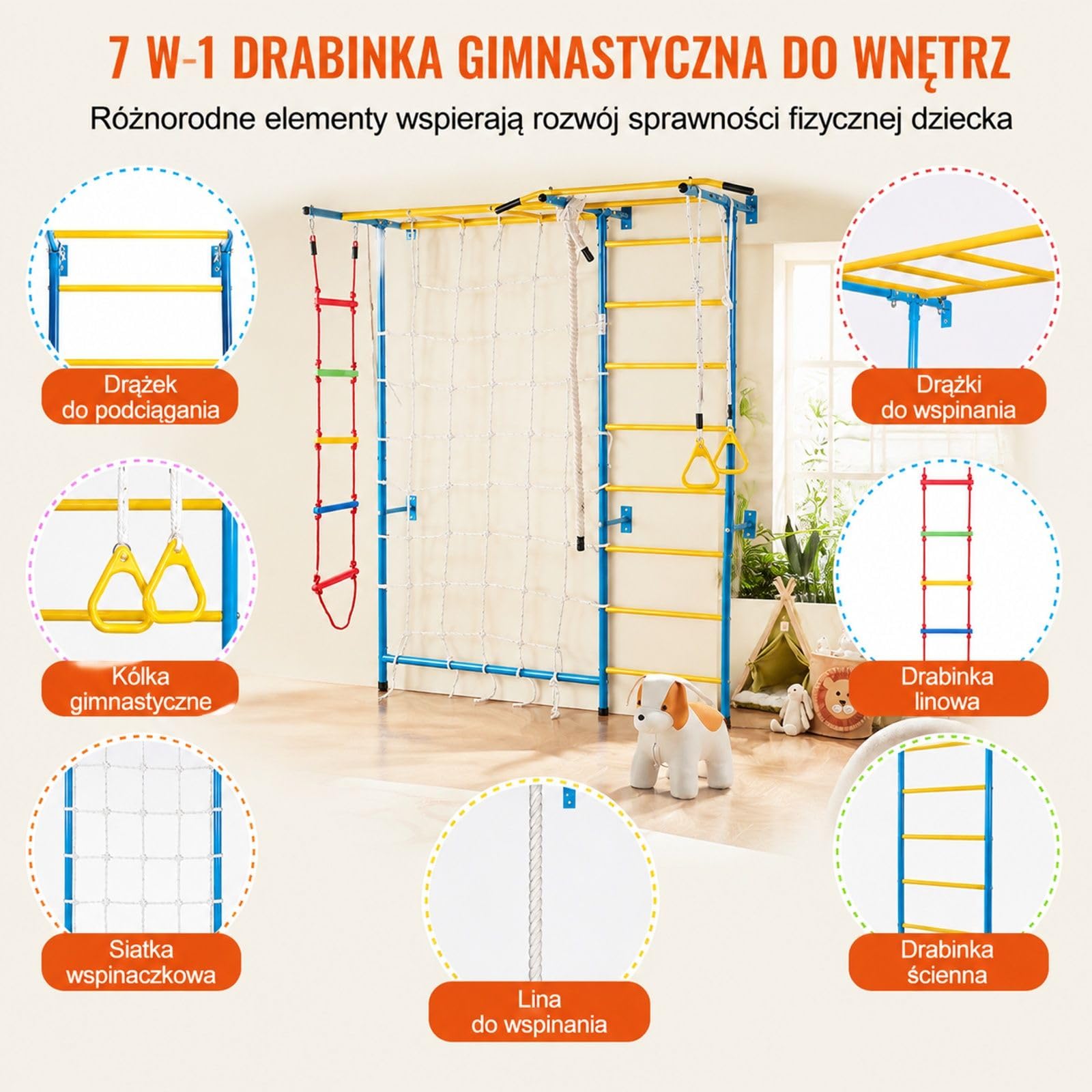Stalowa drabinka gimnastyczna 7 w 1, ścienny zestaw do wspinaczki z elementami zabawy do pomieszczeń